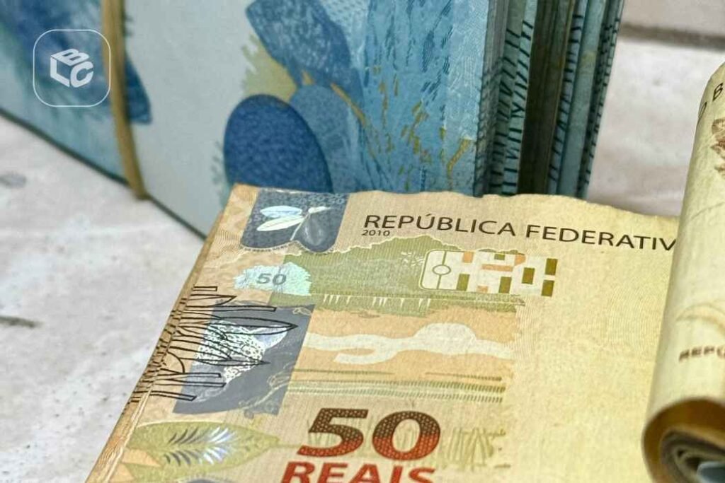 Cédulas de 50 reais empilhadas e em close-up