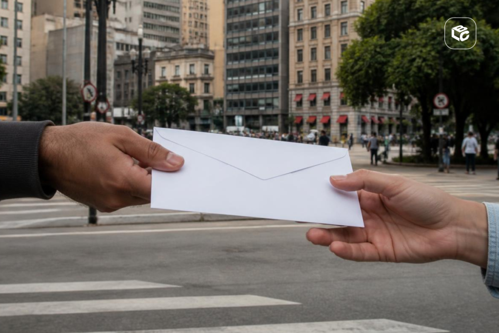 Mãos trocando envelope branco em rua urbana