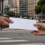Mãos trocando envelope branco em rua urbana