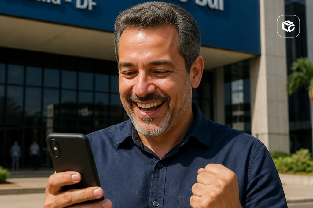 Homem sorrindo e comemorando ao olhar para o celular em frente a um prédio.