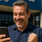 Homem sorrindo e comemorando ao olhar para o celular em frente a um prédio.