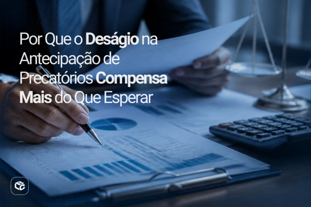 Banner sobre antecipação de precatórios com o título: “Por Que o Deságio na Antecipação de Precatórios Compensa Mais do Que Esperar”. Ao fundo, uma cena corporativa em tons de azul mostra uma pessoa analisando documentos financeiros em uma prancheta, com gráficos impressos, uma caneta, uma calculadora e uma balança da justiça desfocada ao lado. O texto aparece em destaque no lado esquerdo da imagem. No canto inferior esquerdo há um logotipo branco. A composição associa temas jurídicos e financeiros relacionados à venda e antecipação de créditos judiciais.Banner sobre antecipação de precatórios com o título: “Por Que o Deságio na Antecipação de Precatórios Compensa Mais do Que Esperar”. Ao fundo, uma cena corporativa em tons de azul mostra uma pessoa analisando documentos financeiros em uma prancheta, com gráficos impressos, uma caneta, uma calculadora e uma balança da justiça desfocada ao lado. O texto aparece em destaque no lado esquerdo da imagem. No canto inferior esquerdo há um logotipo branco. A composição associa temas jurídicos e financeiros relacionados à venda e antecipação de créditos judiciais.